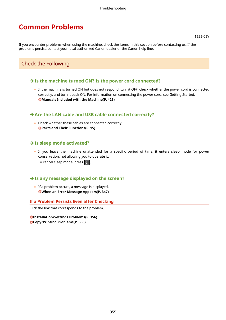 Common problems, Common problems(p. 355), Check the following | Canon i-SENSYS MF244dw User Manual | Page 361 / 477