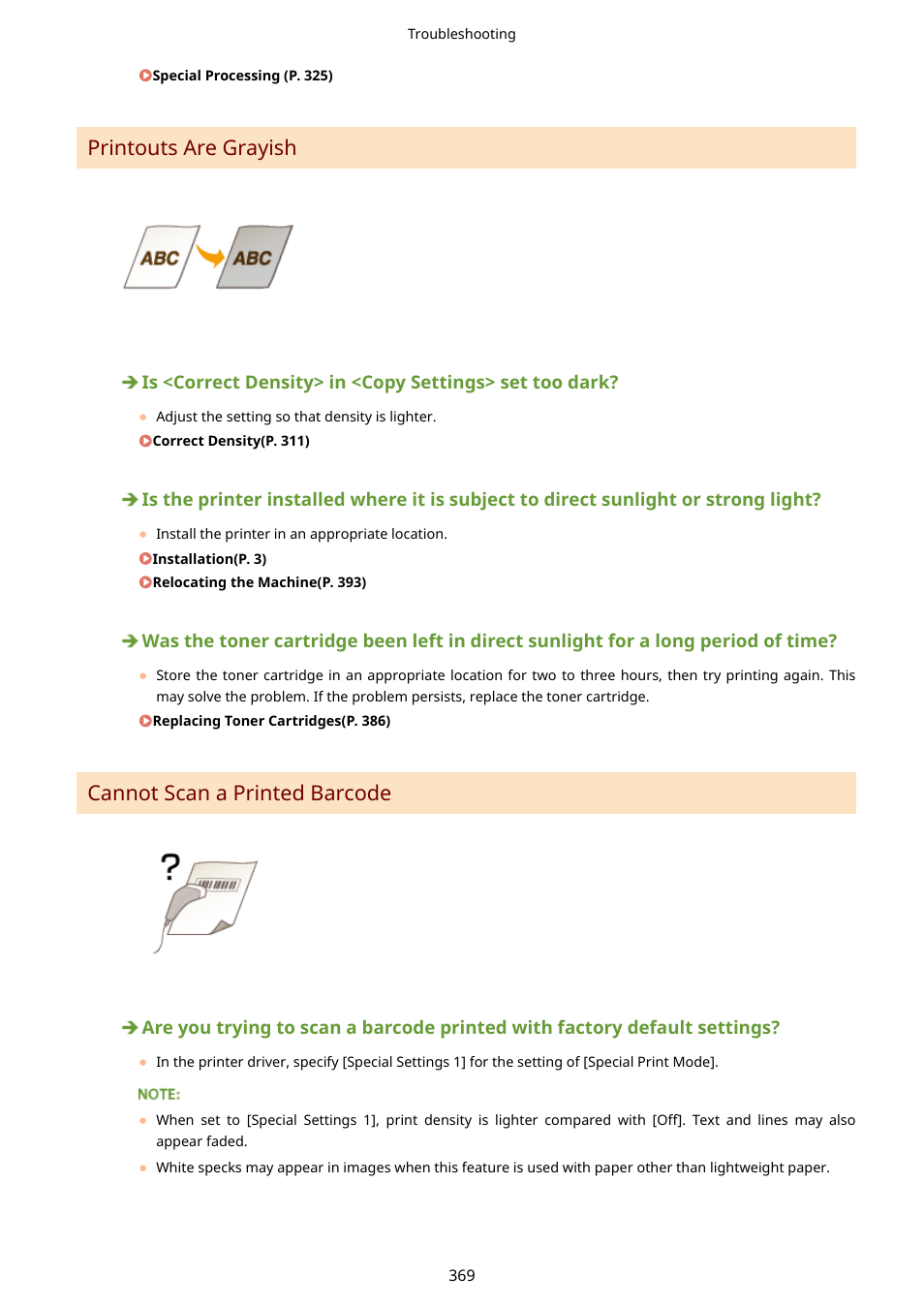 Printouts are grayish(p. 369), Cannot scan a printed, Barcode(p. 369) | Printouts are grayish, Cannot scan a printed barcode | Canon i-SENSYS MF244dw User Manual | Page 375 / 477