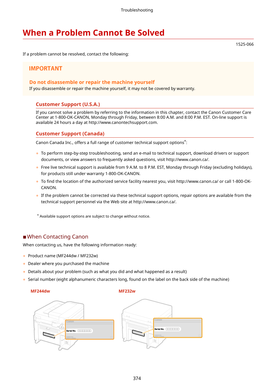 When a problem cannot be solved, Problem cannot be solved(p. 374) | Canon i-SENSYS MF244dw User Manual | Page 380 / 477