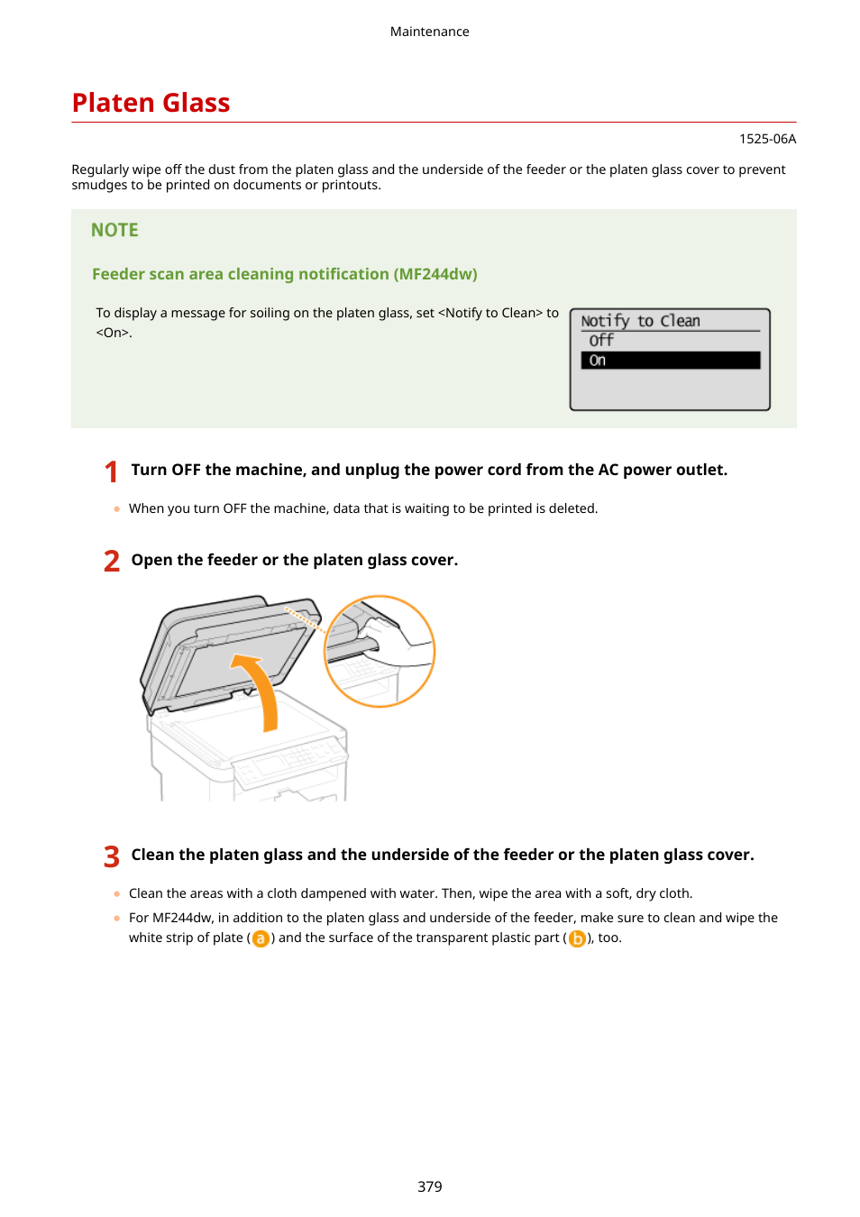 Platen glass, Platen glass(p. 379) | Canon i-SENSYS MF244dw User Manual | Page 385 / 477