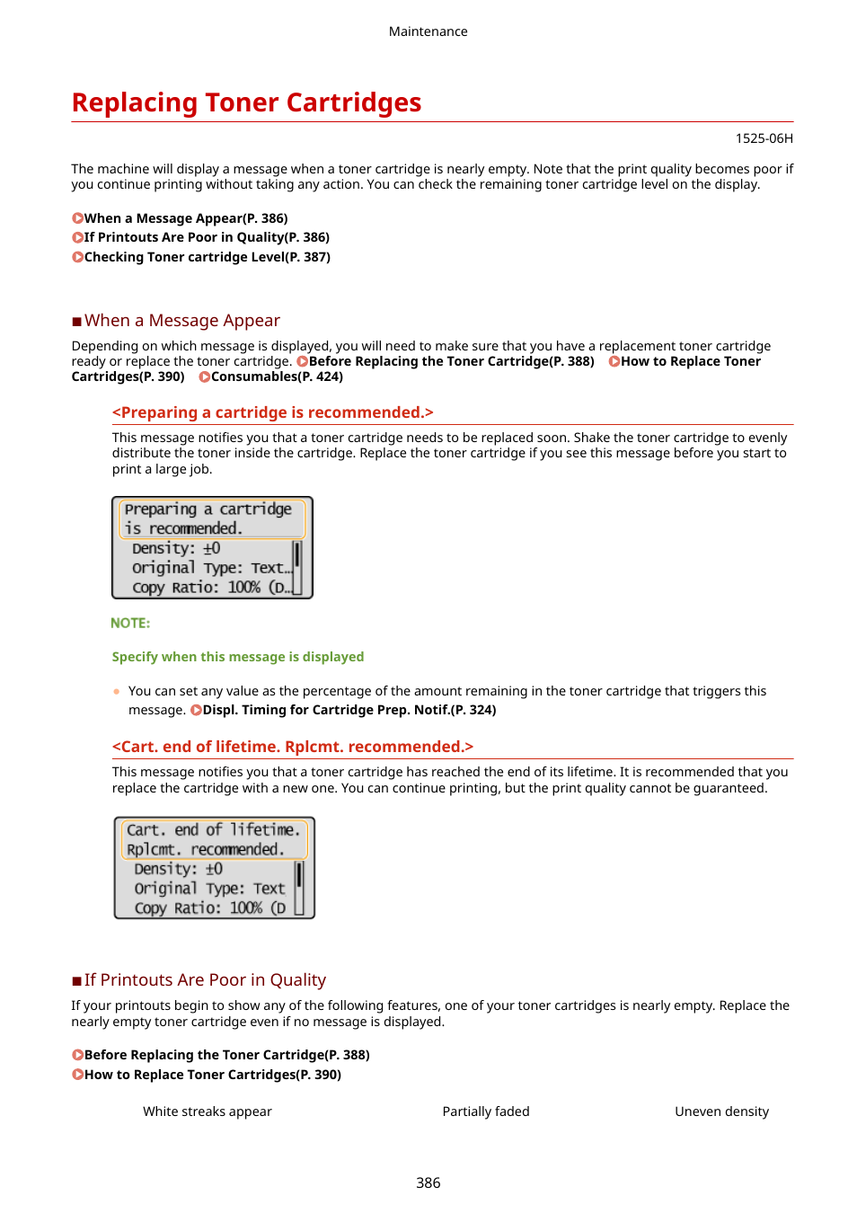 Replacing toner cartridges, Replacing toner cartridges(p. 386) | Canon i-SENSYS MF244dw User Manual | Page 392 / 477