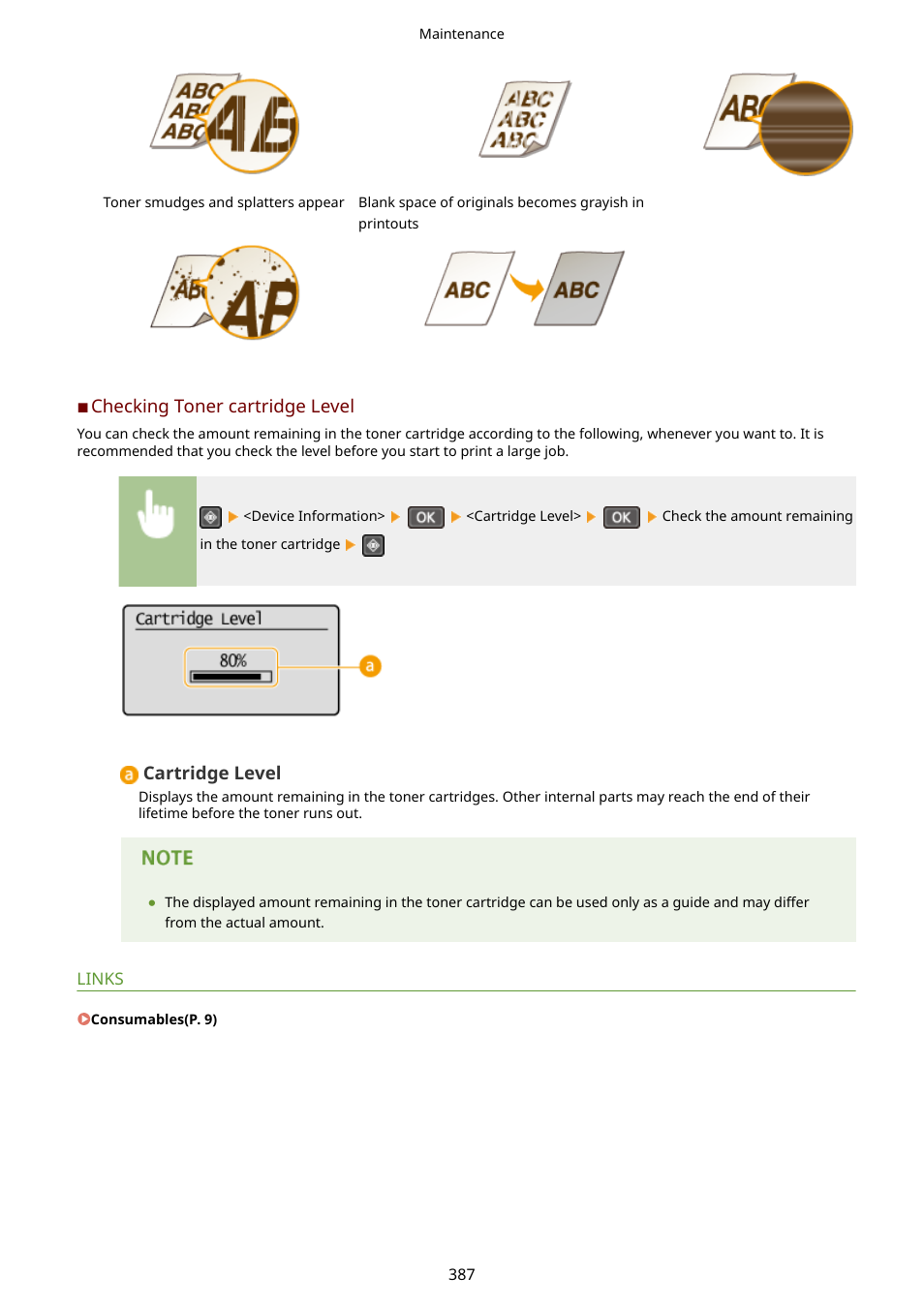 Checking toner cartridge level(p. 387) | Canon i-SENSYS MF244dw User Manual | Page 393 / 477