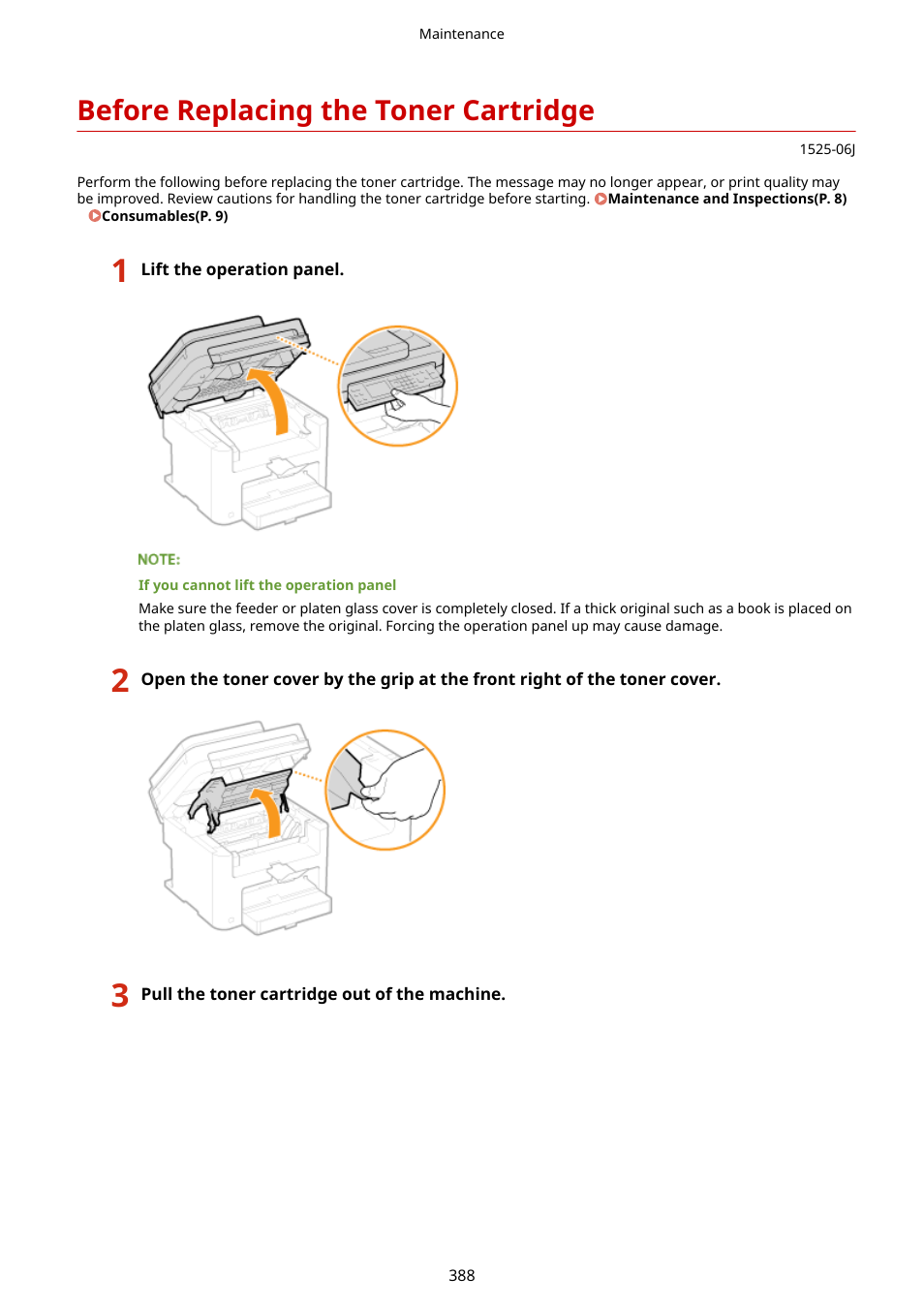 Before replacing the toner cartridge, Before replacing the toner cartridge(p. 388) | Canon i-SENSYS MF244dw User Manual | Page 394 / 477