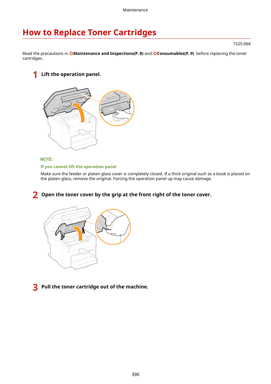 How to replace toner cartridges, How to replace toner, Cartridges(p. 390) | How to replace toner cartridges(p. 390) | Canon i-SENSYS MF244dw User Manual | Page 396 / 477