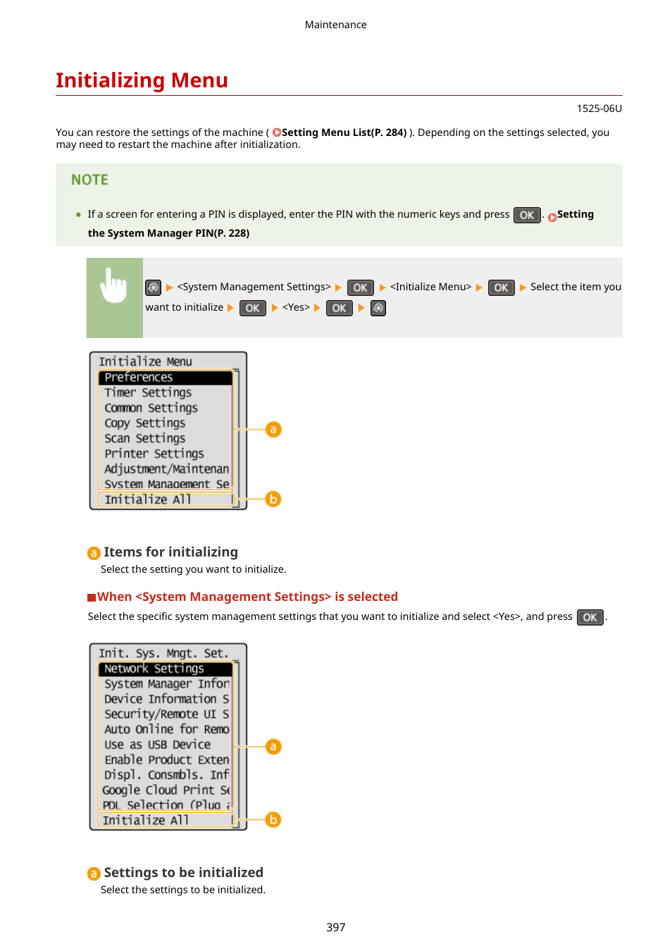 Initializing menu, Eset the pin. initializing menu(p. 397), Initializing menu(p. 397) | Canon i-SENSYS MF244dw User Manual | Page 403 / 477