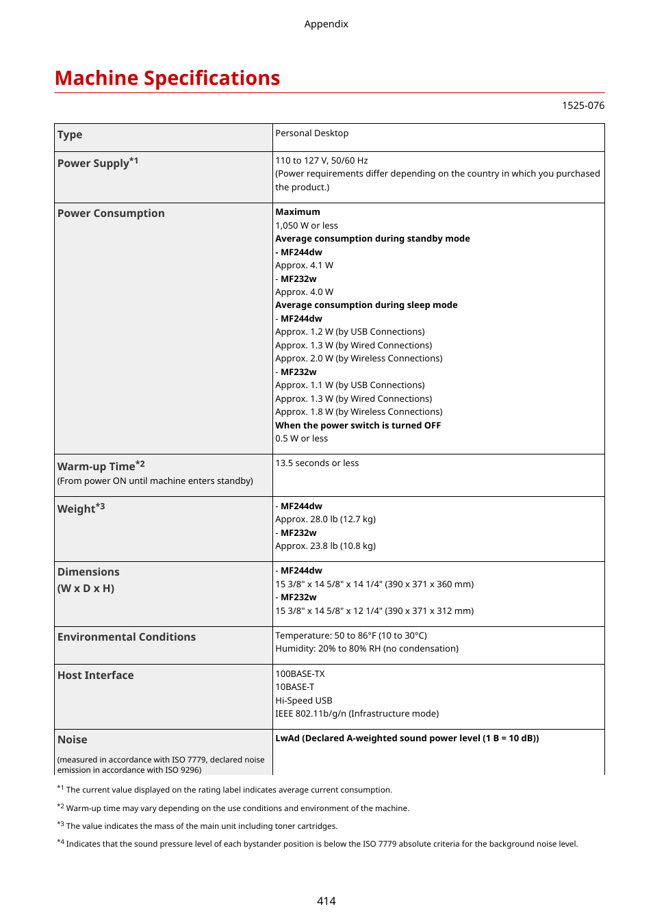 Machine specifications | Canon i-SENSYS MF244dw User Manual | Page 420 / 477