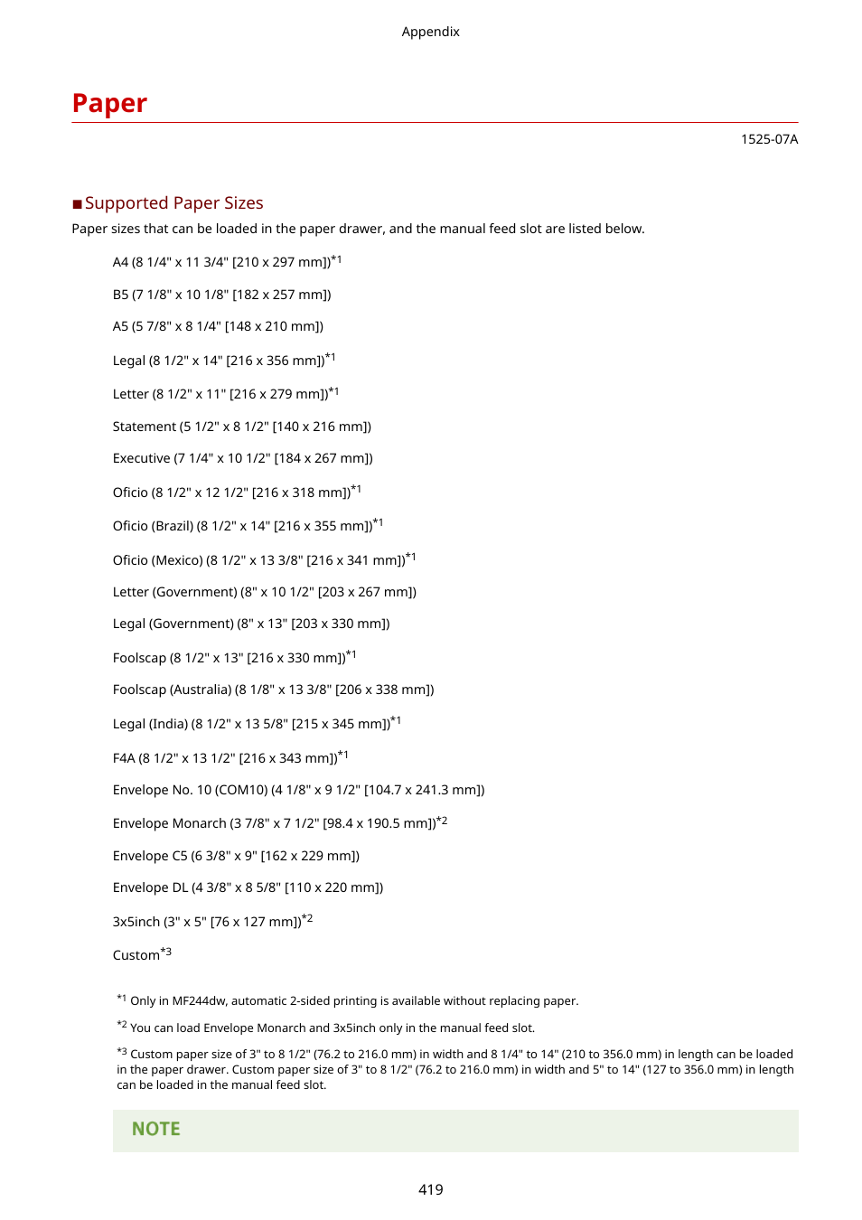 Paper, Awer. see paper(p. 419) for available paper, Paper(p. 419) | Supported paper sizes | Canon i-SENSYS MF244dw User Manual | Page 425 / 477