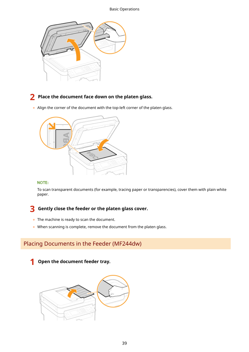 Placing documents in the feeder (mf244dw)(p. 39) | Canon i-SENSYS MF244dw User Manual | Page 45 / 477