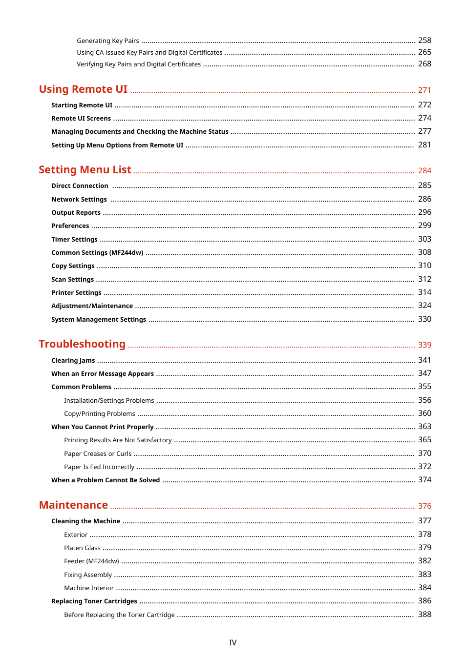 Using remote ui, Setting menu list, Troubleshooting | Maintenance | Canon i-SENSYS MF244dw User Manual | Page 5 / 477