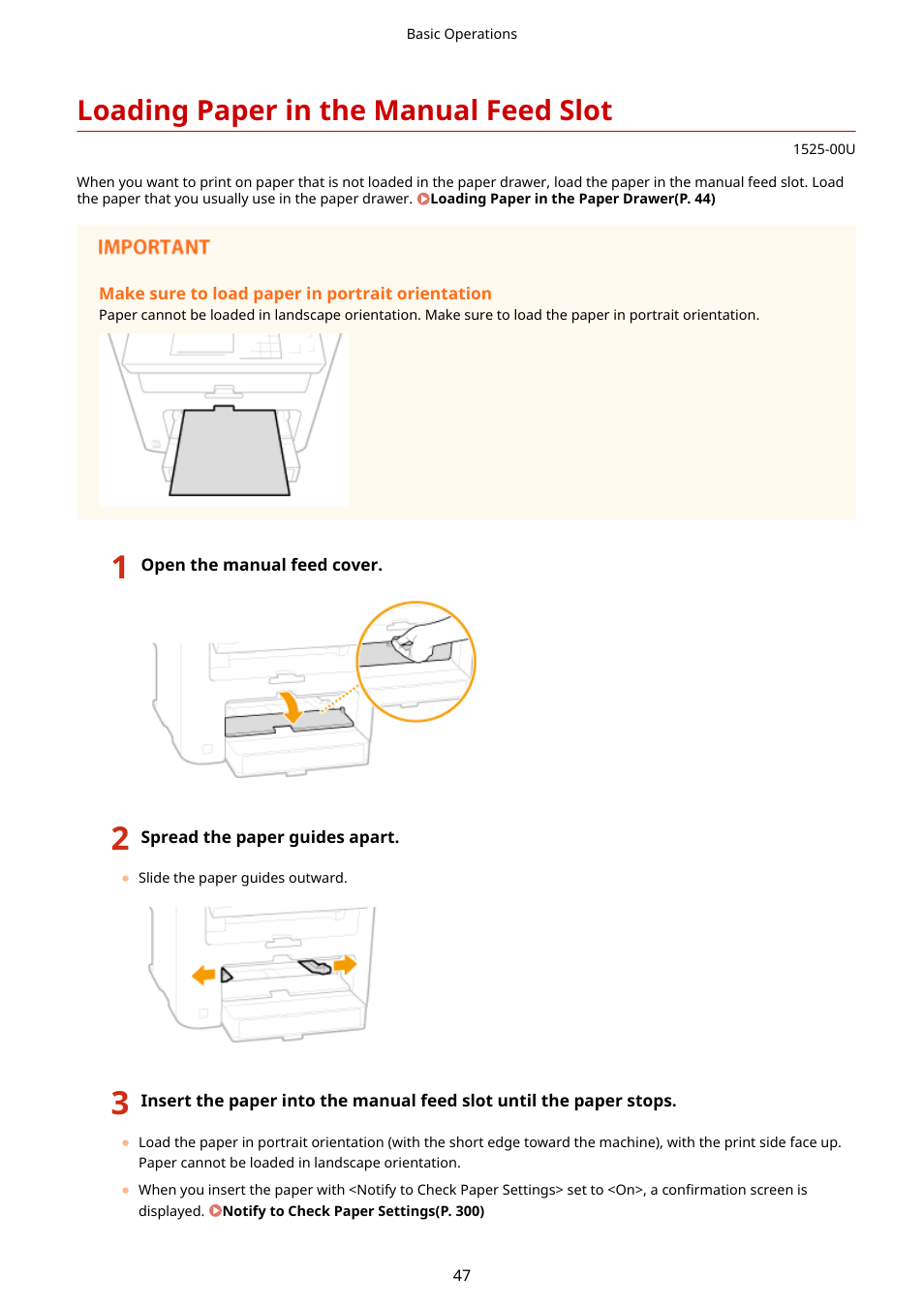 Loading paper in the manual feed slot, Awer. loading paper in the manual feed slot(p. 47) | Canon i-SENSYS MF244dw User Manual | Page 53 / 477
