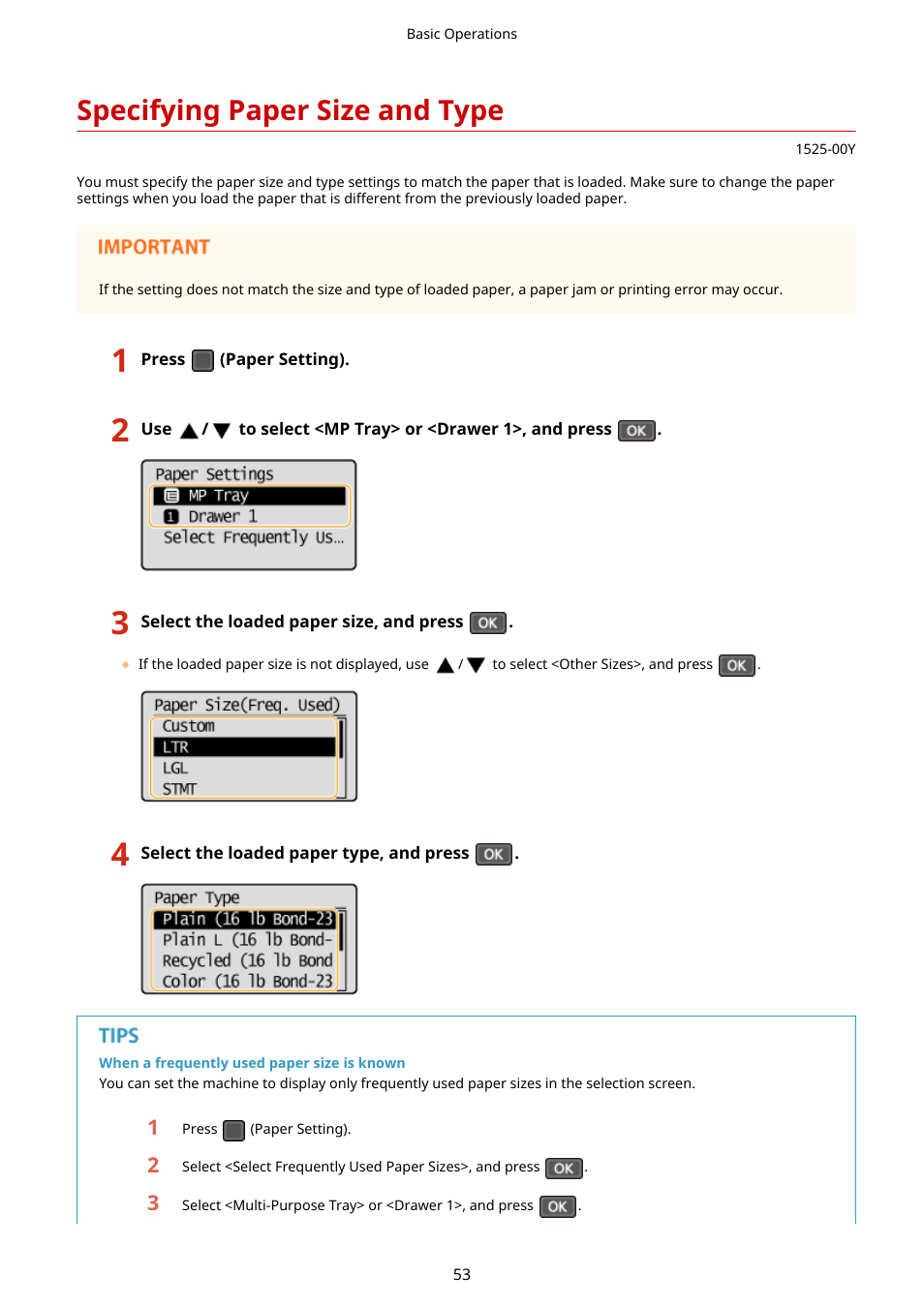 Specifying paper size and type, Specifying paper size and type(p. 53), Specifying | Paper size and type(p. 53) | Canon i-SENSYS MF244dw User Manual | Page 59 / 477