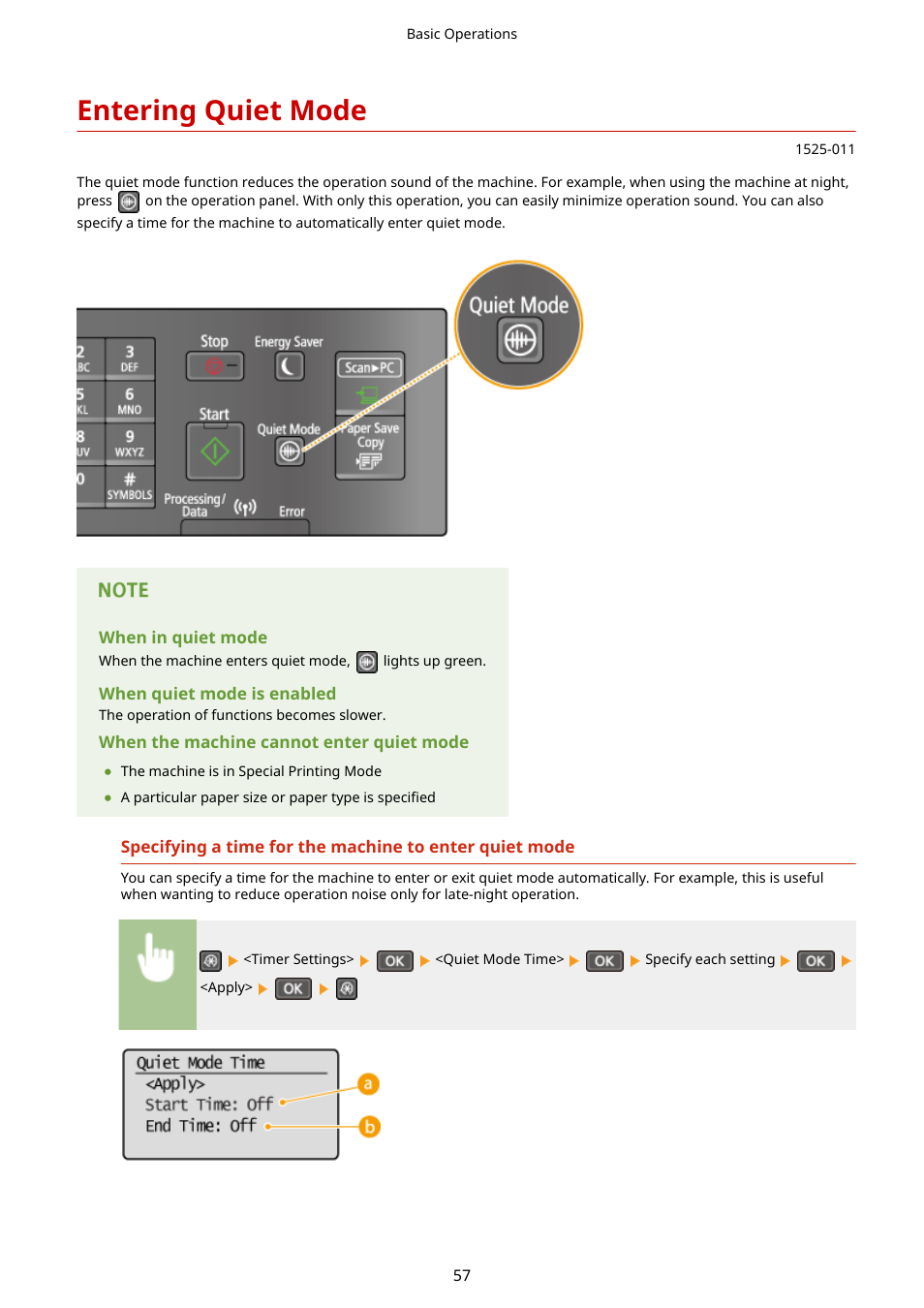 Entering quiet mode, Entering quiet mode(p. 57) | Canon i-SENSYS MF244dw User Manual | Page 63 / 477