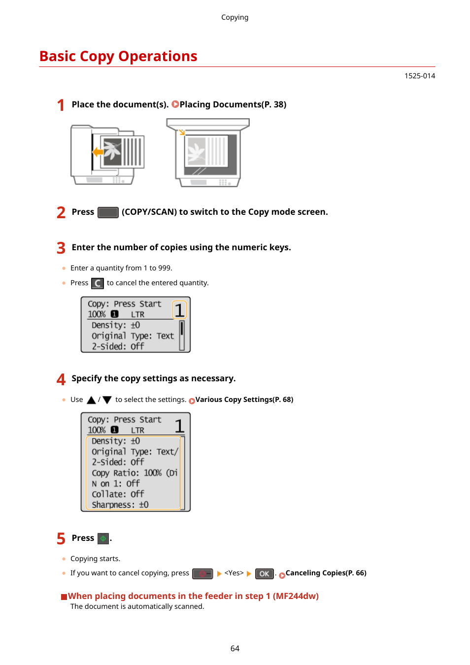 Basic copy operations, Basic copy operations(p. 64) | Canon i-SENSYS MF244dw User Manual | Page 70 / 477