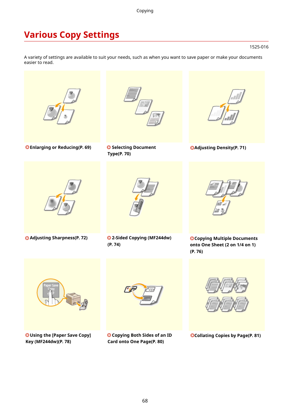 Various copy settings | Canon i-SENSYS MF244dw User Manual | Page 74 / 477