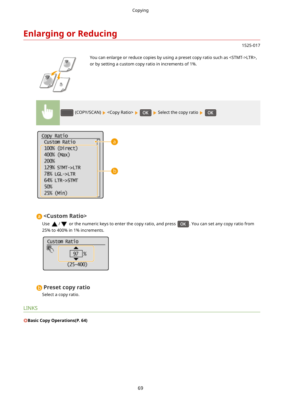 Enlarging or reducing, Enlarging or reducing(p. 69) | Canon i-SENSYS MF244dw User Manual | Page 75 / 477