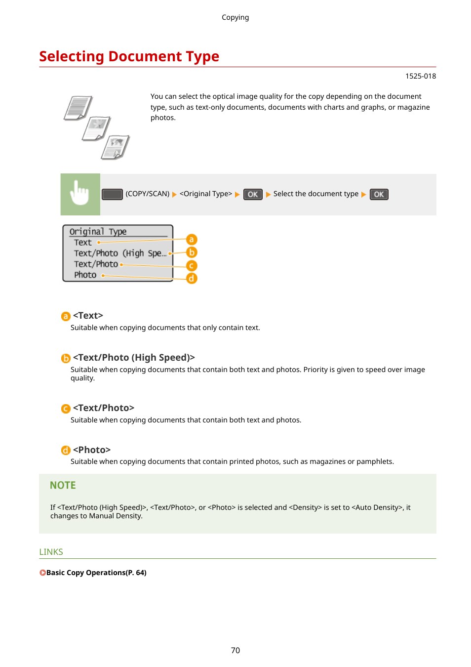Selecting document type, Selecting document, Type(p. 70) | Canon i-SENSYS MF244dw User Manual | Page 76 / 477