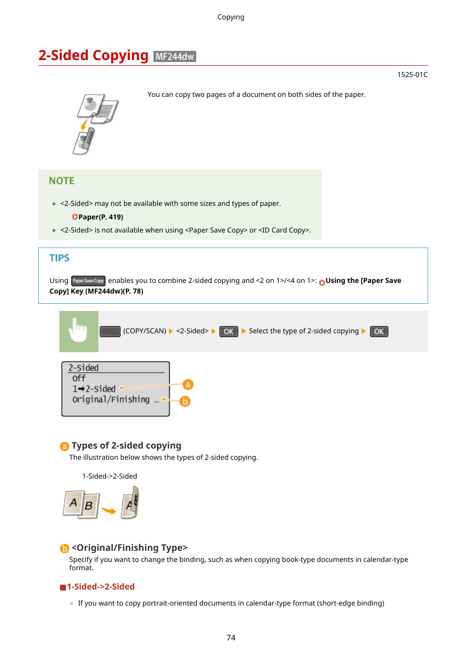 Sided copying, Sided copying (mf244dw), P. 74) | Canon i-SENSYS MF244dw User Manual | Page 80 / 477