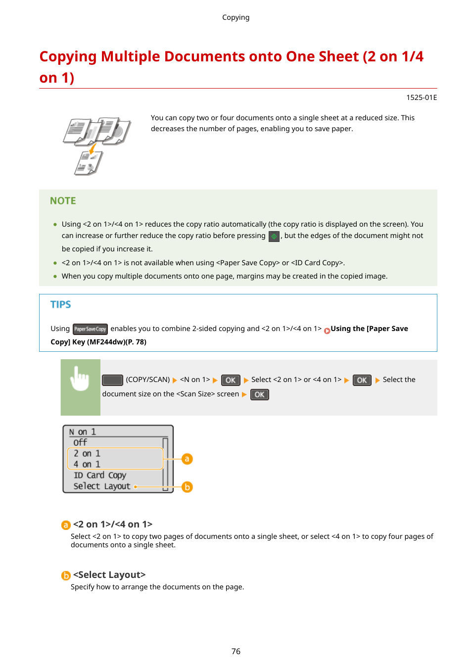 Copying multiple documents, Onto one sheet (2 on 1/4 on 1) (p. 76) | Canon i-SENSYS MF244dw User Manual | Page 82 / 477
