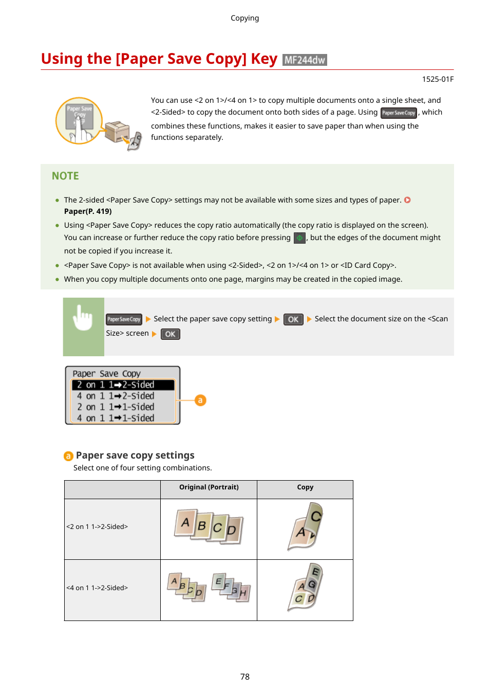 Using the [paper save copy] key, Using the [paper save copy] key (mf244dw), Using the [paper save copy | Key (mf244dw)(p. 78, Key (mf244dw)(p. 78), Paper save copy settings | Canon i-SENSYS MF244dw User Manual | Page 84 / 477