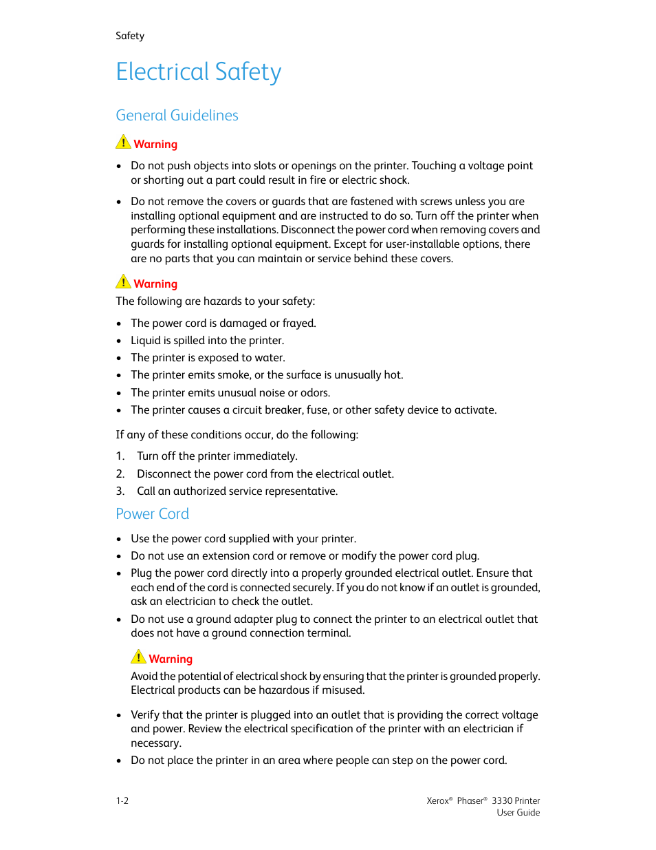 Electrical safety, General guidelines, Power cord | Electrical safety -2, General guidelines -2 power cord -2 | Xerox Phaser 3330 User Manual | Page 10 / 114