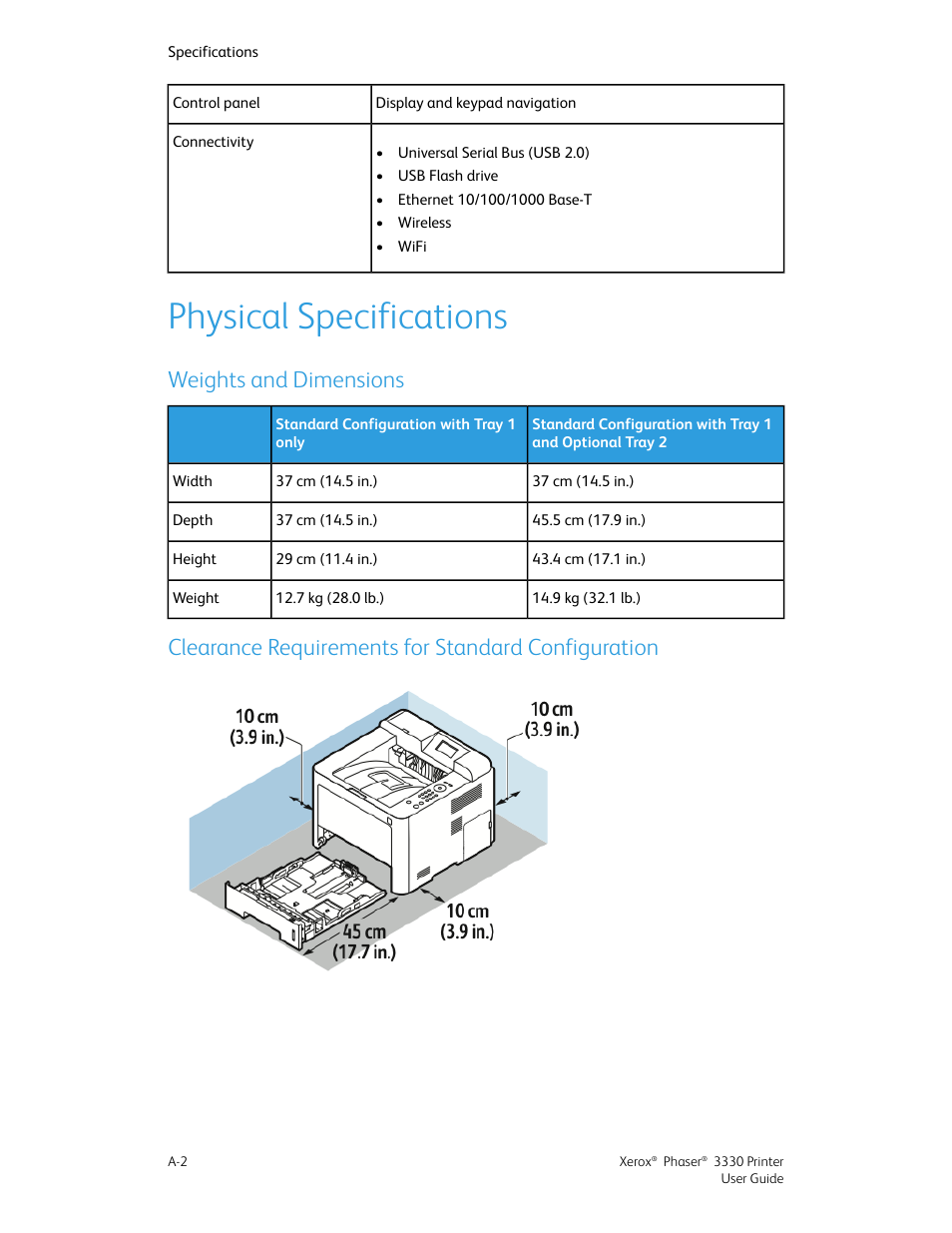 Physical specifications, Weights and dimensions, Clearance requirements for standard configuration | Physical, Specifications, Clearance, Requirements for standard configuration | Xerox Phaser 3330 User Manual | Page 100 / 114