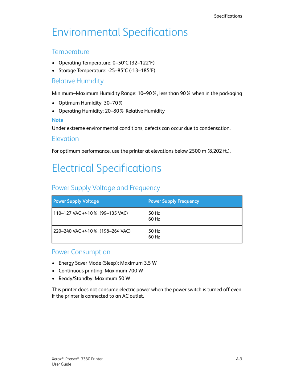 Environmental specifications, Temperature, Relative humidity | Elevation, Electrical specifications, Power supply voltage and frequency, Power consumption | Xerox Phaser 3330 User Manual | Page 101 / 114