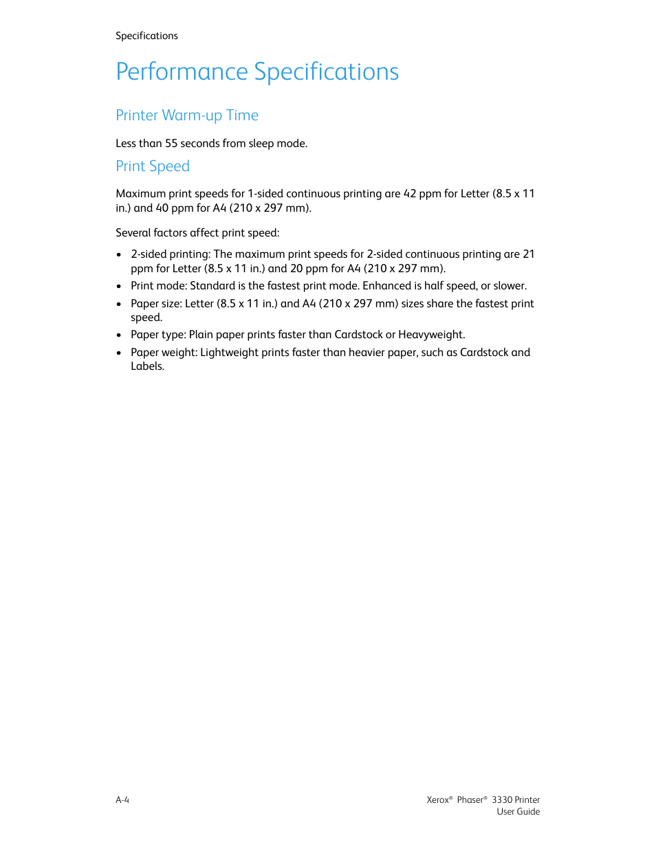 Performance specifications, Printer warm-up time, Print speed | Xerox Phaser 3330 User Manual | Page 102 / 114