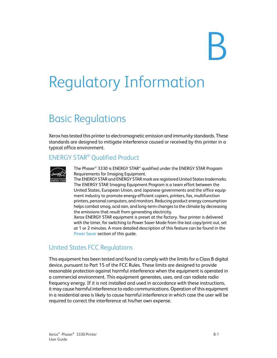 Regulatory information, Basic regulations, Energy star® qualified product | United states fcc regulations, Energy star | Xerox Phaser 3330 User Manual | Page 103 / 114