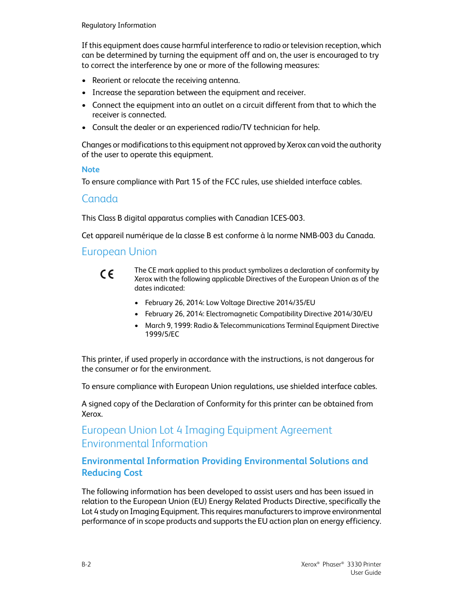 Canada, European union, Environmental information providing environmental | Xerox Phaser 3330 User Manual | Page 104 / 114