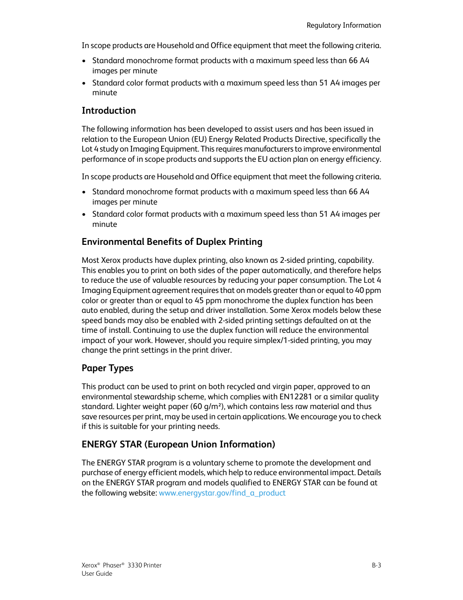 Introduction, Environmental benefits of duplex printing, Paper types | Energy star (european union information) | Xerox Phaser 3330 User Manual | Page 105 / 114