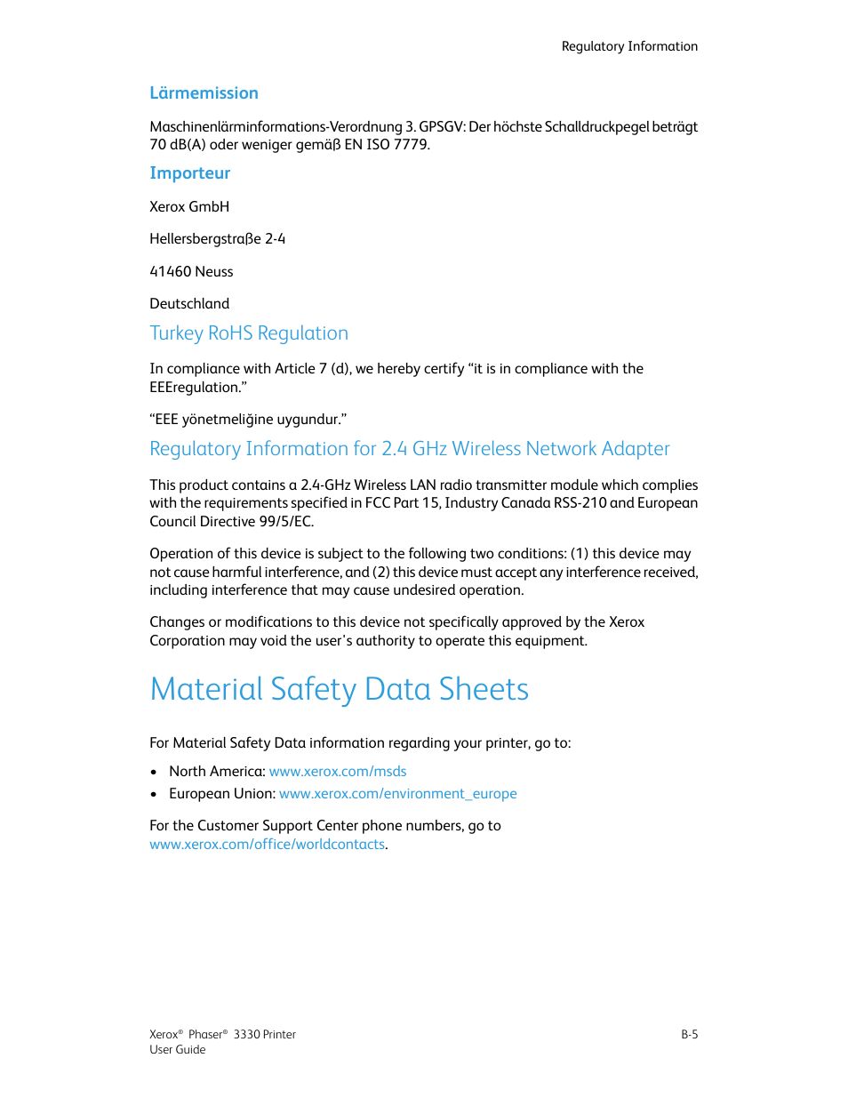 Lärmemission, Importeur, Turkey rohs regulation | Material safety data sheets | Xerox Phaser 3330 User Manual | Page 107 / 114