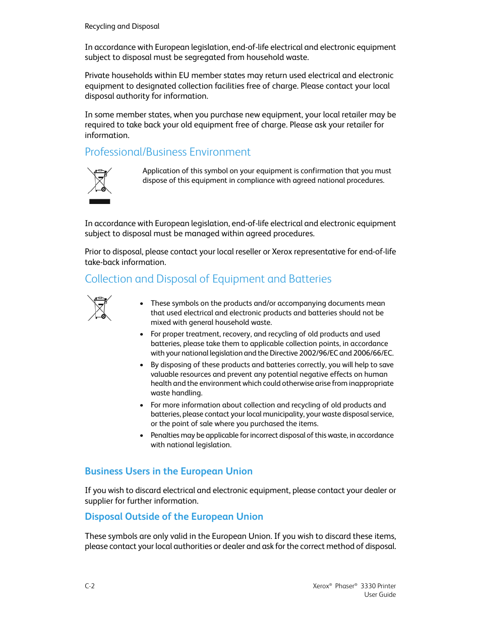 Professional/business environment, Collection and disposal of equipment and batteries, Business users in the european union | Disposal outside of the european union | Xerox Phaser 3330 User Manual | Page 110 / 114