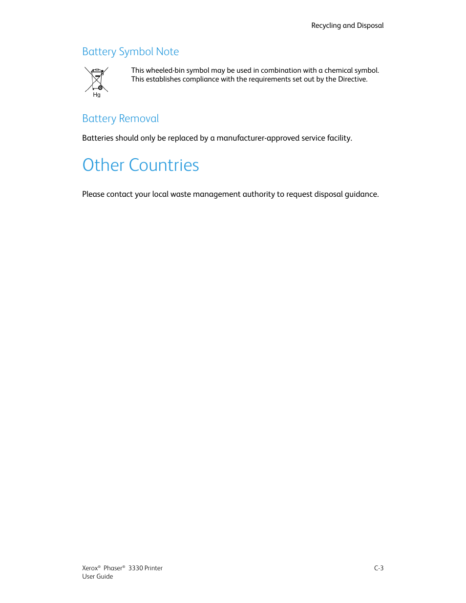 Battery symbol note, Battery removal, Other countries | Xerox Phaser 3330 User Manual | Page 111 / 114