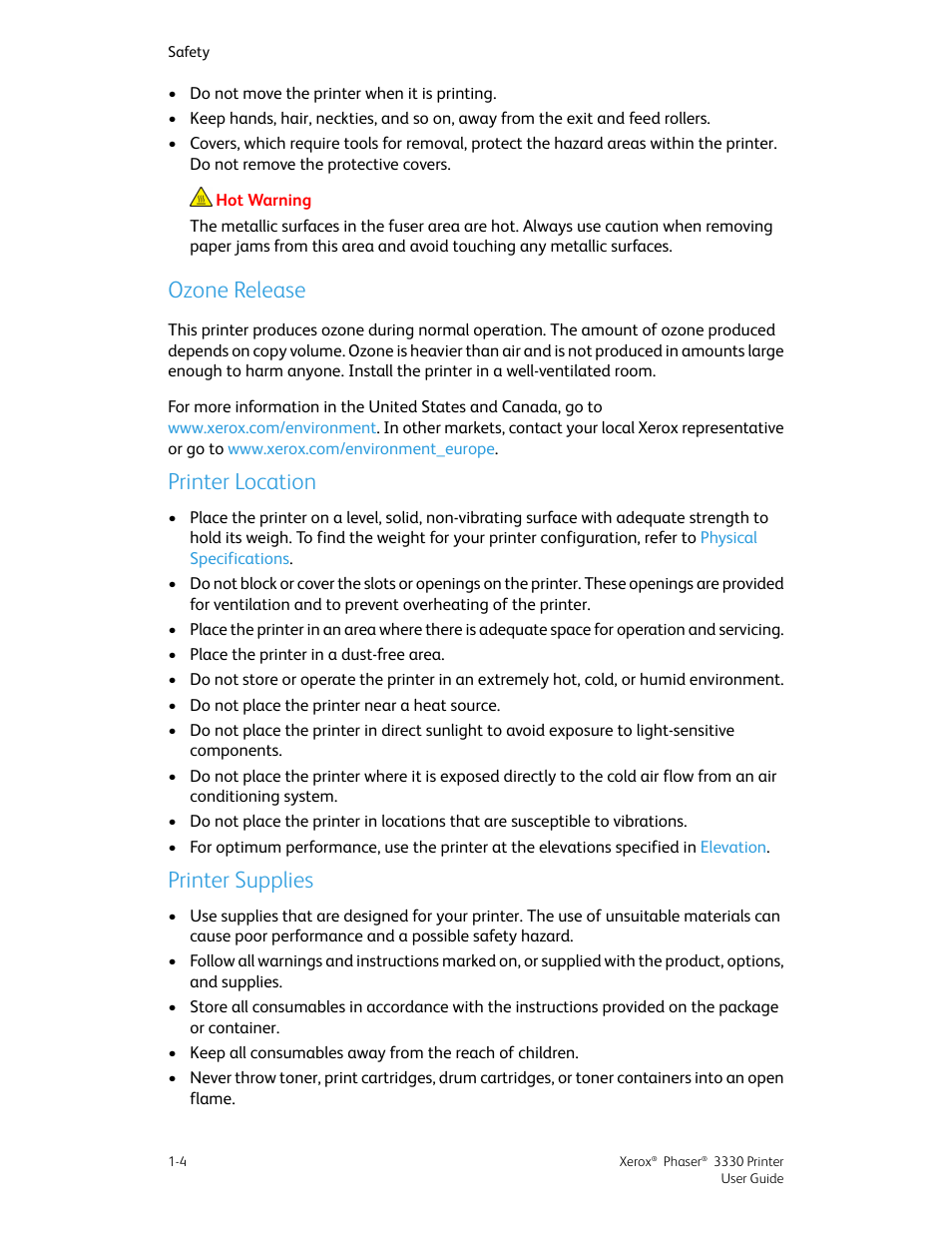 Ozone release, Printer location, Printer supplies | Xerox Phaser 3330 User Manual | Page 12 / 114