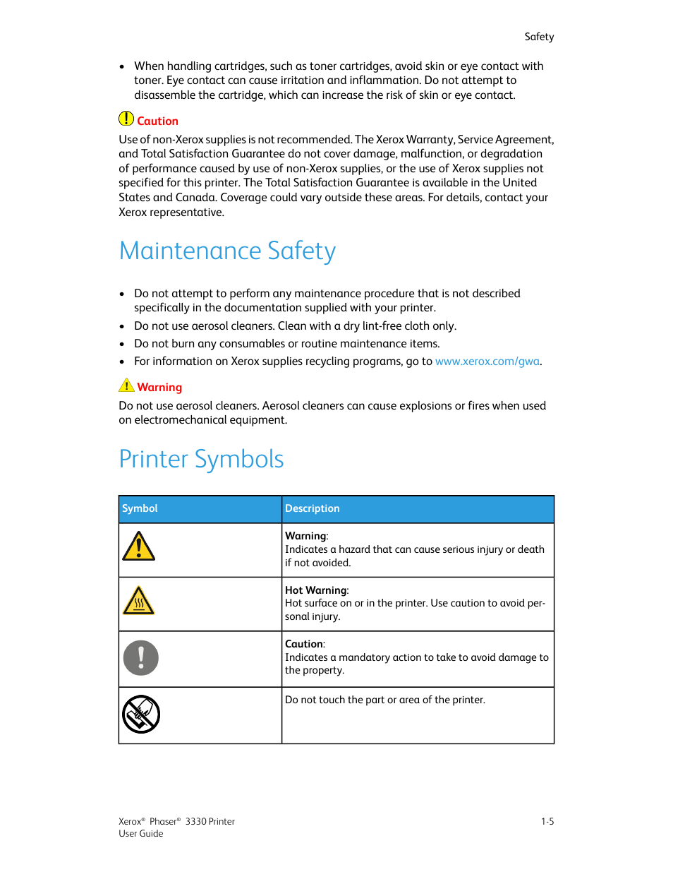 Maintenance safety, Printer symbols, Maintenance safety -5 printer symbols -5 | Xerox Phaser 3330 User Manual | Page 13 / 114