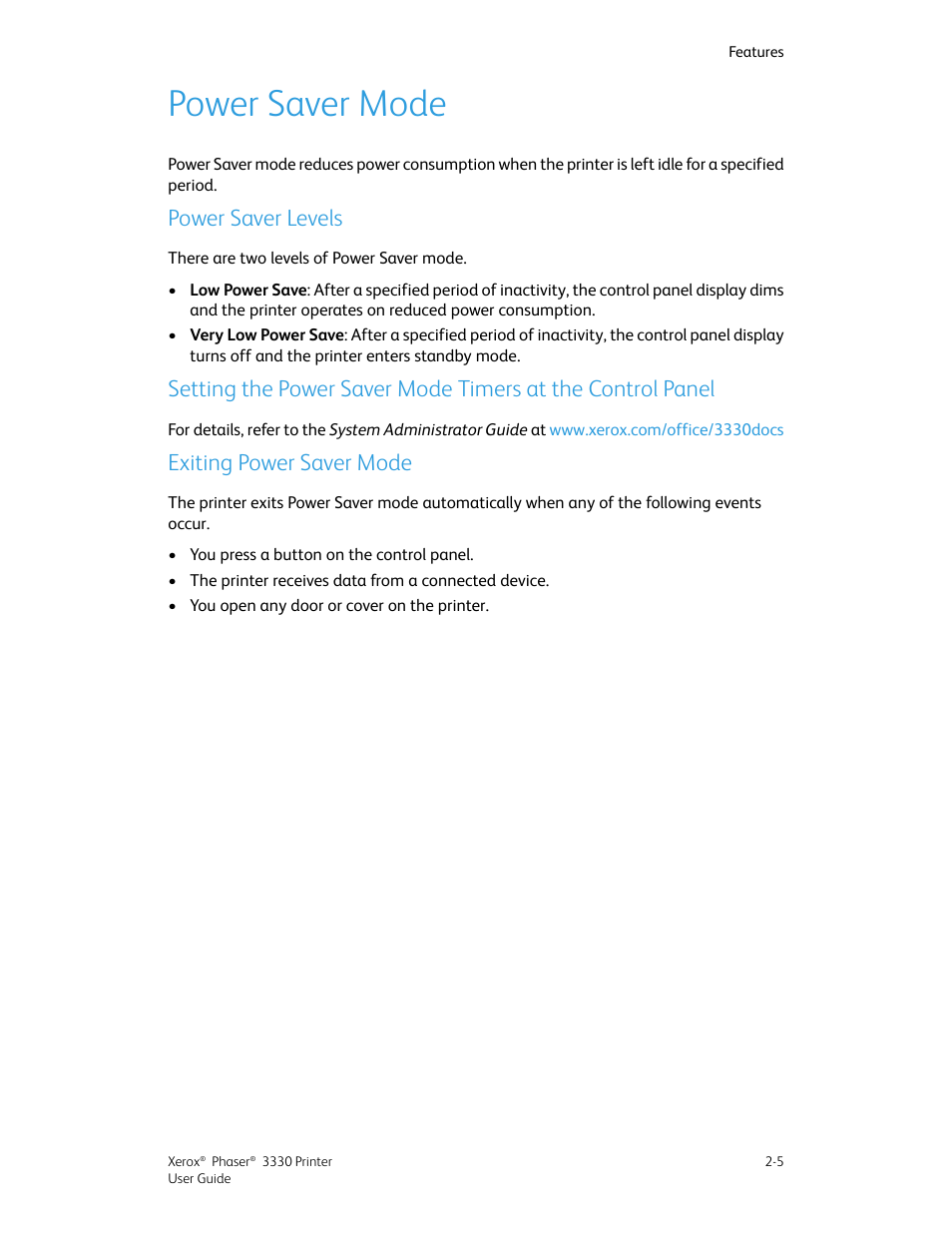 Power saver mode, Power saver levels, Exiting power saver mode | Power saver mode -5 | Xerox Phaser 3330 User Manual | Page 23 / 114