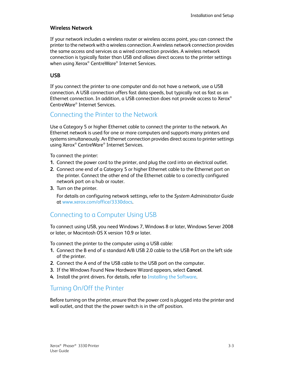 Connecting the printer to the network, Connecting to a computer using usb, Turning on/off the printer | Xerox Phaser 3330 User Manual | Page 29 / 114
