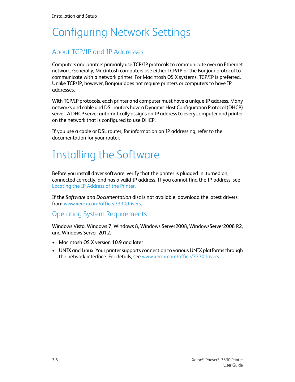 Configuring network settings, About tcp/ip and ip addresses, Installing the software | Operating system requirements, Configuring network settings -6, About tcp/ip and ip addresses -6, Installing the software -6, Operating system requirements -6, About, Tcp/ip and ip addresses | Xerox Phaser 3330 User Manual | Page 32 / 114