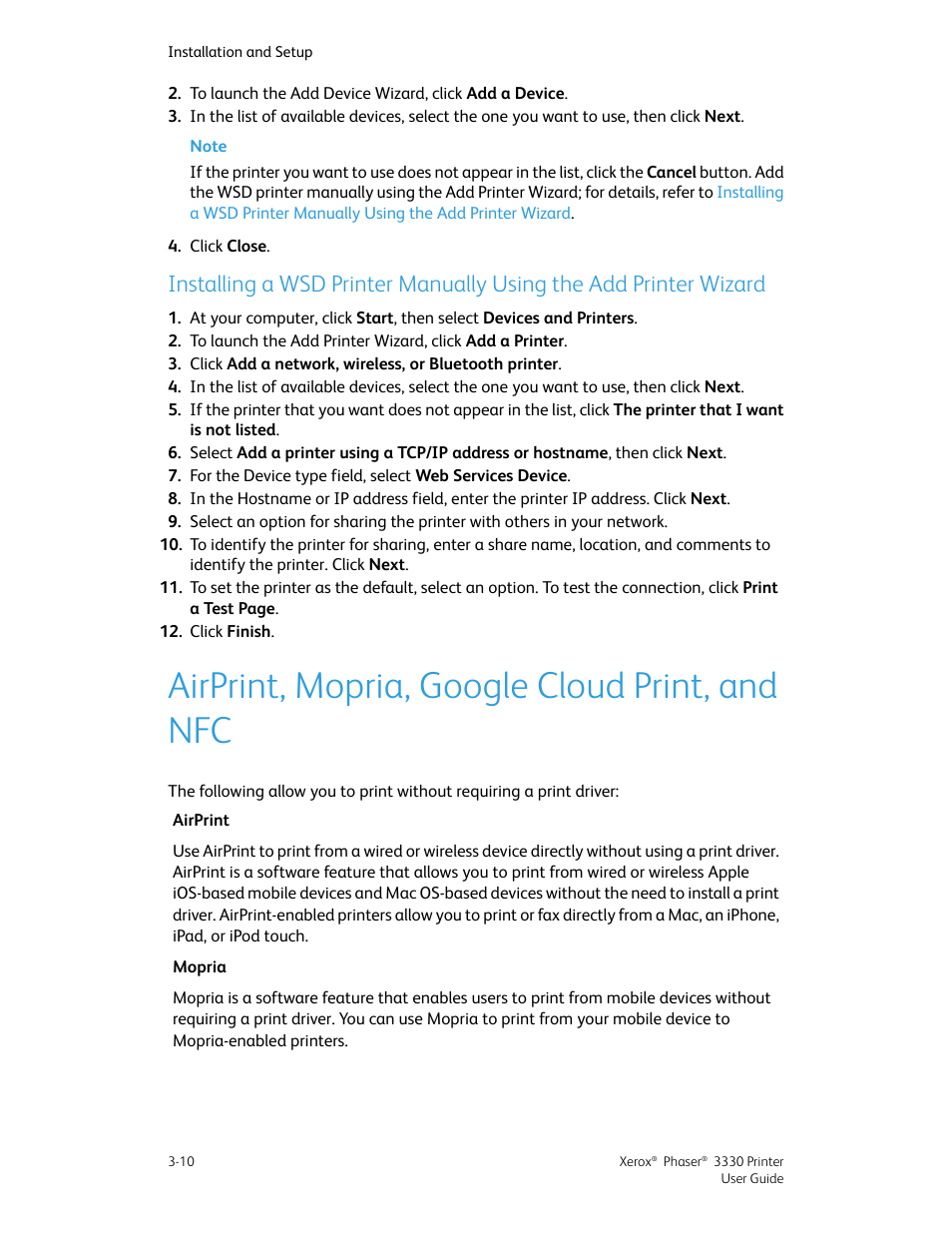 Airprint, mopria, google cloud print, and nfc, Wizard -10, Airprint, mopria, google cloud print, and nfc -10 | Xerox Phaser 3330 User Manual | Page 36 / 114