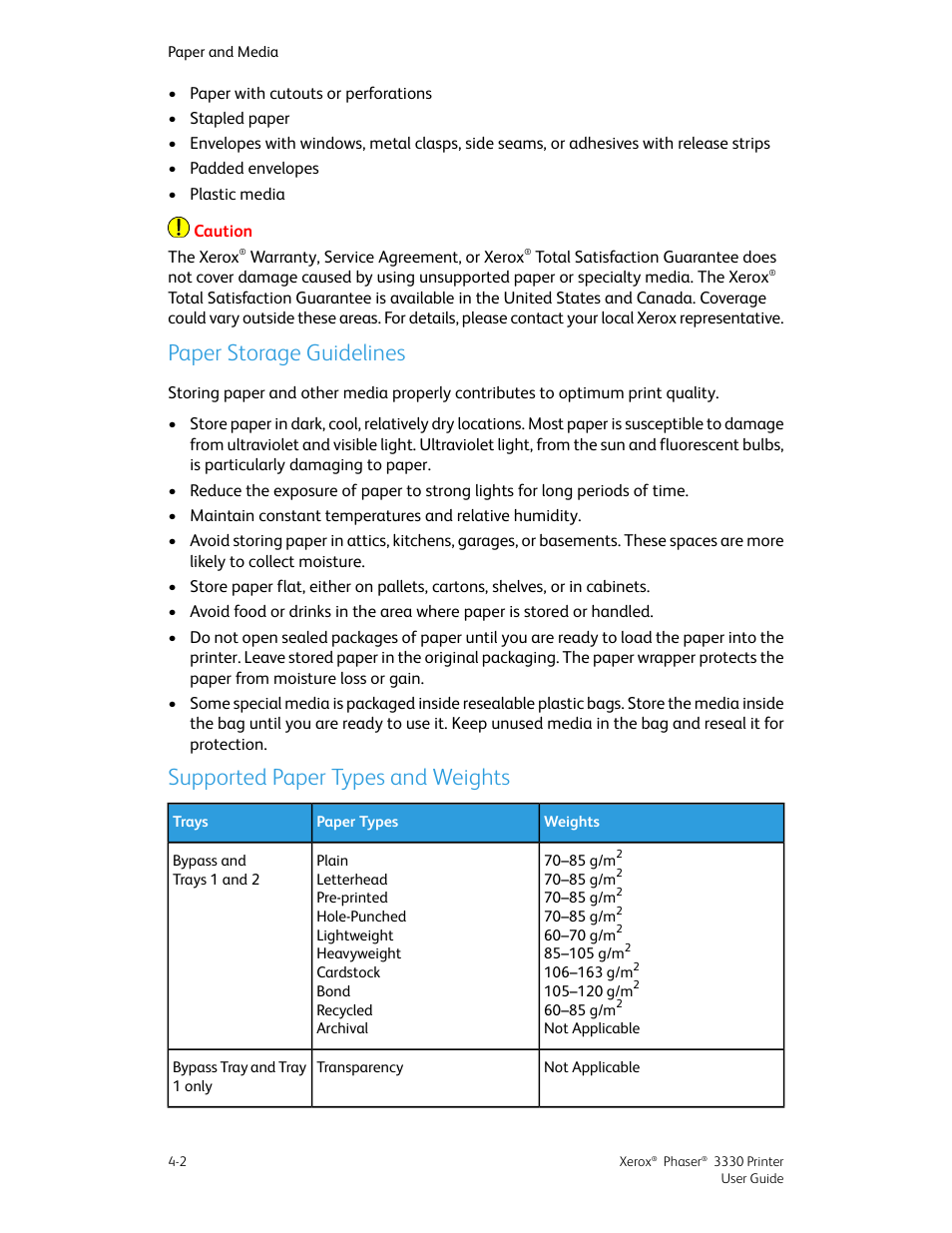 Paper storage guidelines, Supported paper types and weights | Xerox Phaser 3330 User Manual | Page 40 / 114