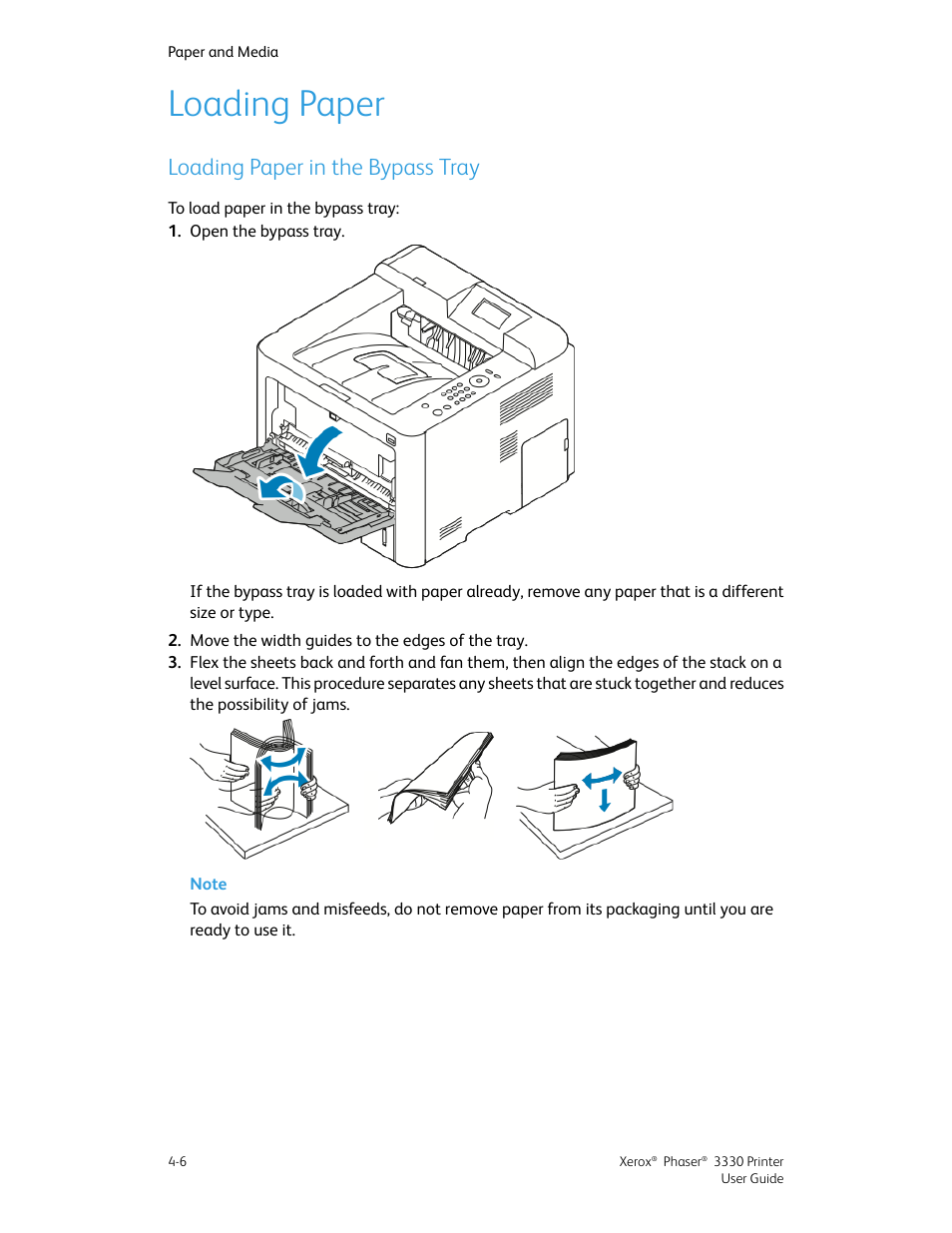 Loading paper, Loading paper in the bypass tray, Loading paper -6 | Loading paper in the bypass tray -6 | Xerox Phaser 3330 User Manual | Page 44 / 114