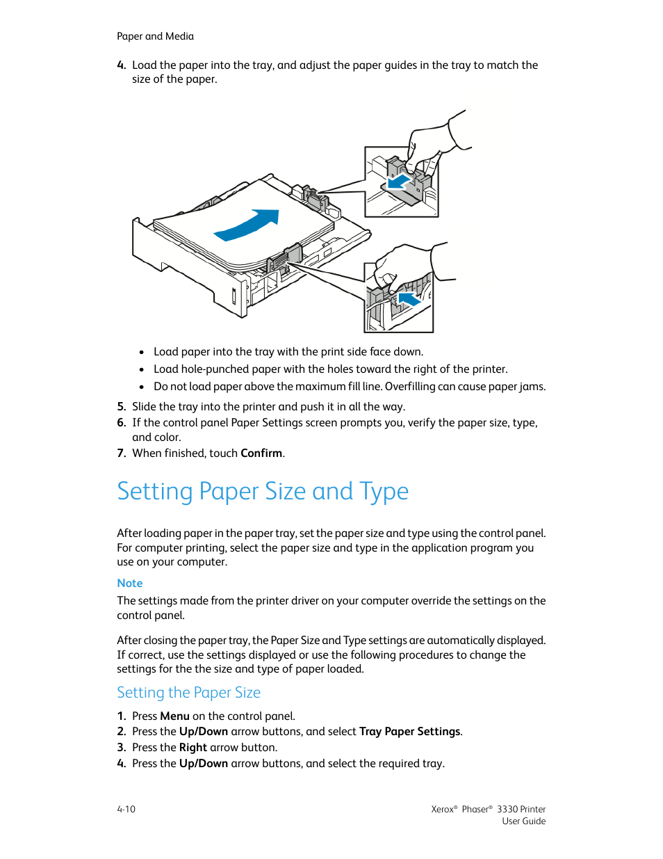 Setting paper size and type, Setting the paper size, Setting paper size and type -10 | Setting the paper size -10 | Xerox Phaser 3330 User Manual | Page 48 / 114