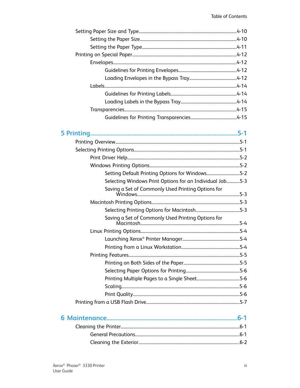 5 printing -1, 6 maintenance -1 | Xerox Phaser 3330 User Manual | Page 5 / 114