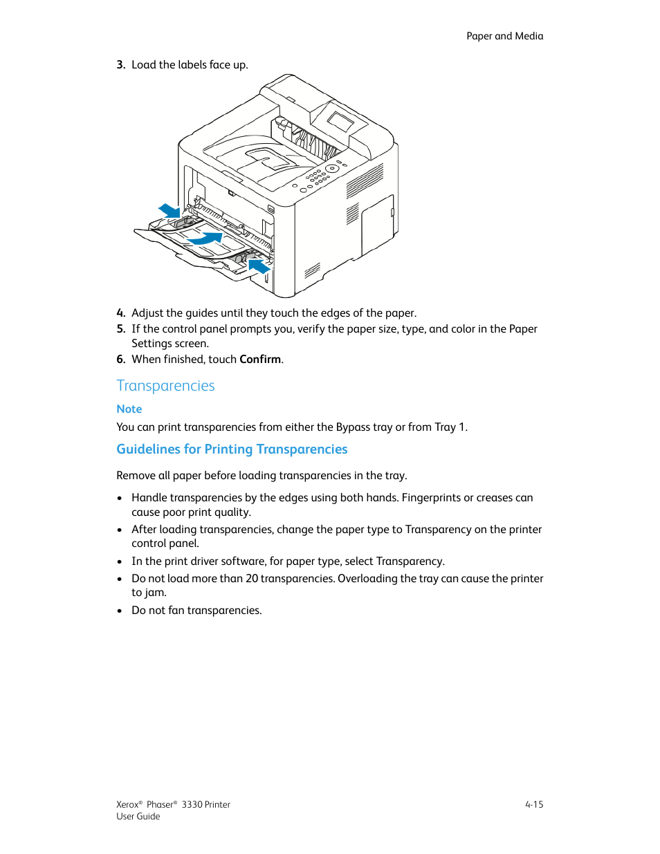 Transparencies, Guidelines for printing transparencies, Transparencies -15 | Guidelines for printing transparencies -15 | Xerox Phaser 3330 User Manual | Page 53 / 114