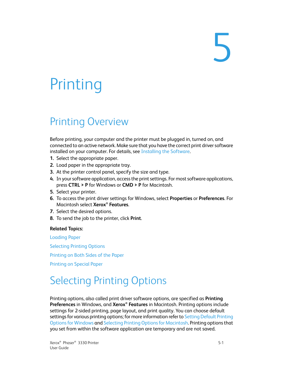 Printing, Printing overview, Selecting printing options | 5 printing -1, Printing overview -1 selecting printing options -1 | Xerox Phaser 3330 User Manual | Page 55 / 114