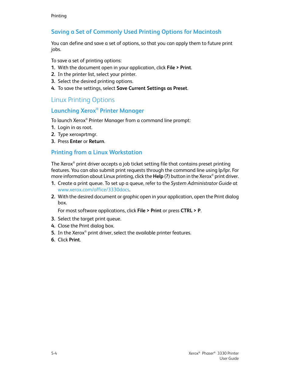 Linux printing options, Launching xerox® printer manager, Printing from a linux workstation | Saving a set of commonly used printing options for, Macintosh -4, Linux printing options -4, Launching xerox, Printer manager -4, Printing from a linux workstation -4, Printer manager | Xerox Phaser 3330 User Manual | Page 58 / 114