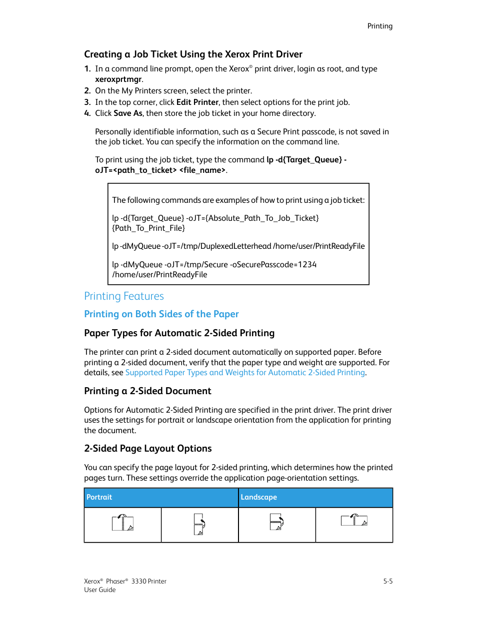 Creating a job ticket using the xerox print driver, Printing features, Printing on both sides of the paper | Paper types for automatic 2-sided printing, Printing a 2-sided document, Printing features -5, Printing on both sides of the paper -5, Sided page layout options | Xerox Phaser 3330 User Manual | Page 59 / 114