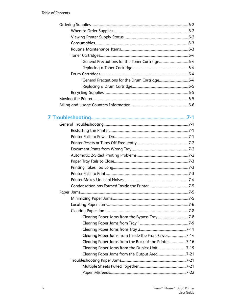 7 troubleshooting -1 | Xerox Phaser 3330 User Manual | Page 6 / 114