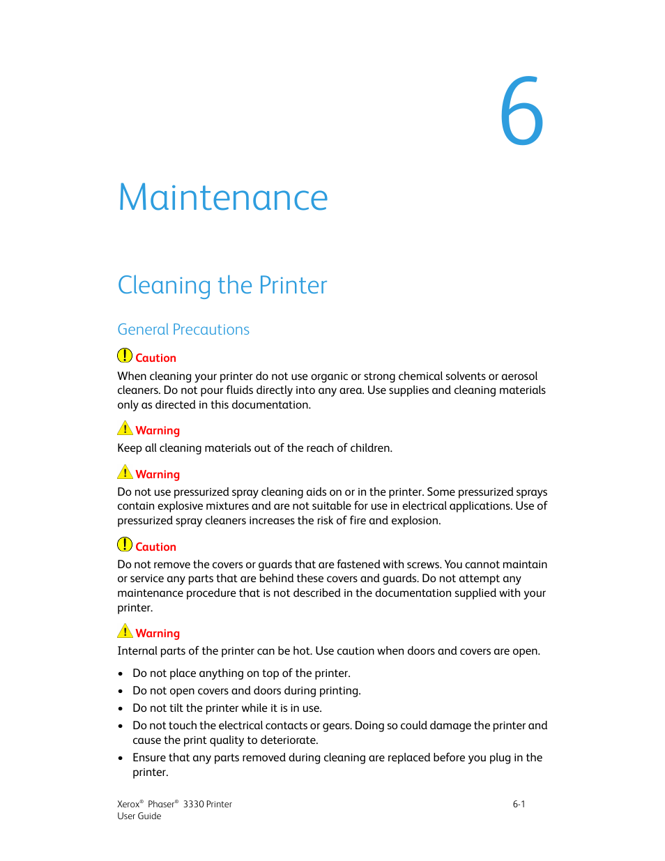 Maintenance, Cleaning the printer, General precautions | 6 maintenance -1, Cleaning the printer -1, General precautions -1 | Xerox Phaser 3330 User Manual | Page 63 / 114