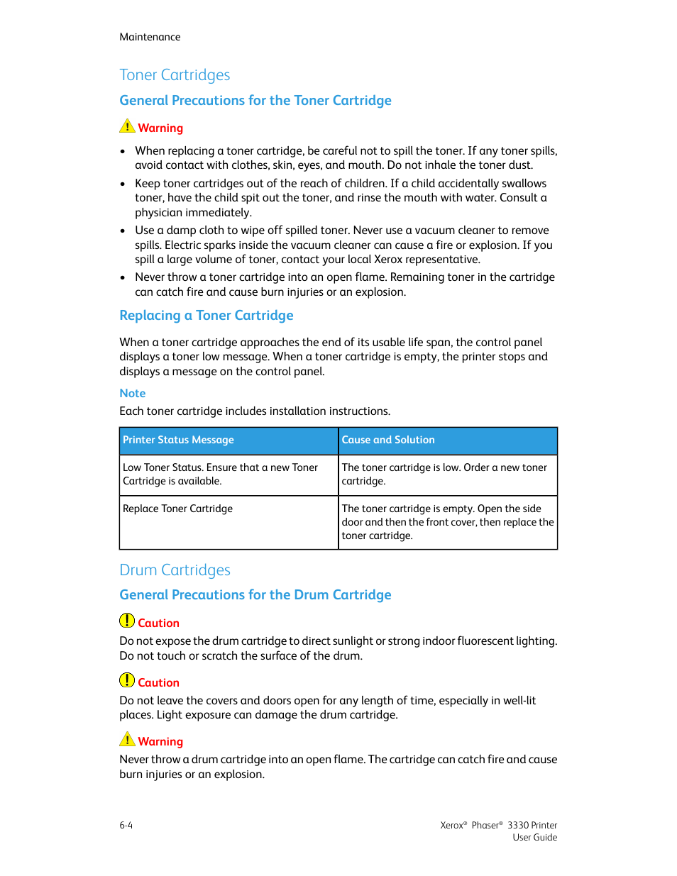 Toner cartridges, General precautions for the toner cartridge, Replacing a toner cartridge | Drum cartridges, General precautions for the drum cartridge, Toner cartridges -4, Drum cartridges -4, General precautions for the drum cartridge -4 | Xerox Phaser 3330 User Manual | Page 66 / 114